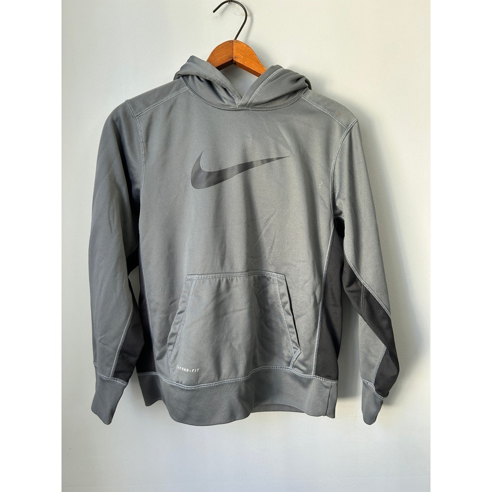 Nike Kids Gray Black Therma-FIT Pullover Hoodie Swoosh Logo Size Large